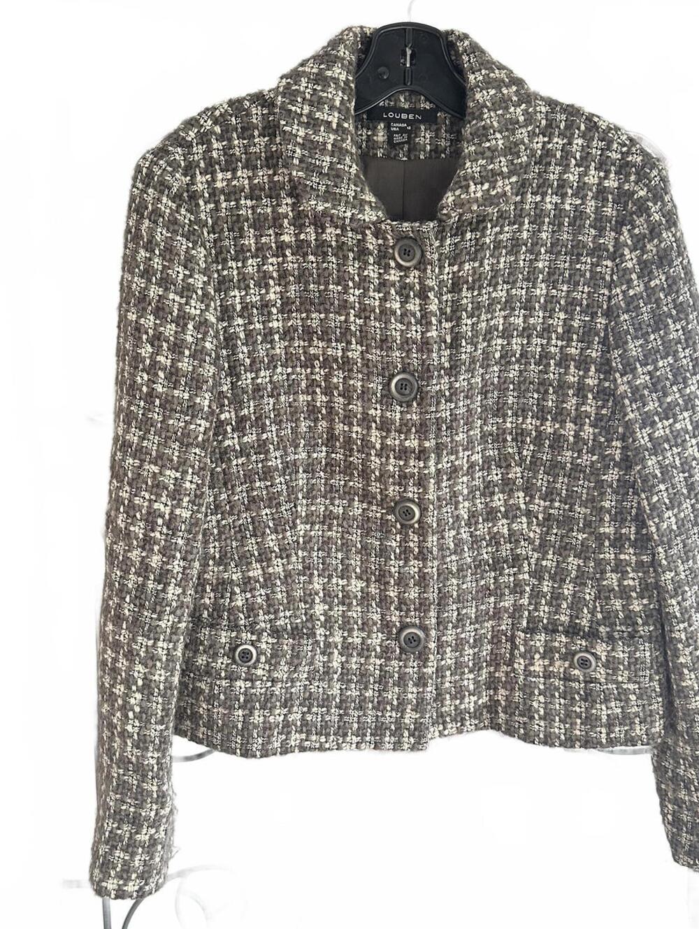 Louben Wool Blend Gray Cream Bouclé Tweed Jacket Made in Canada- Size 12
